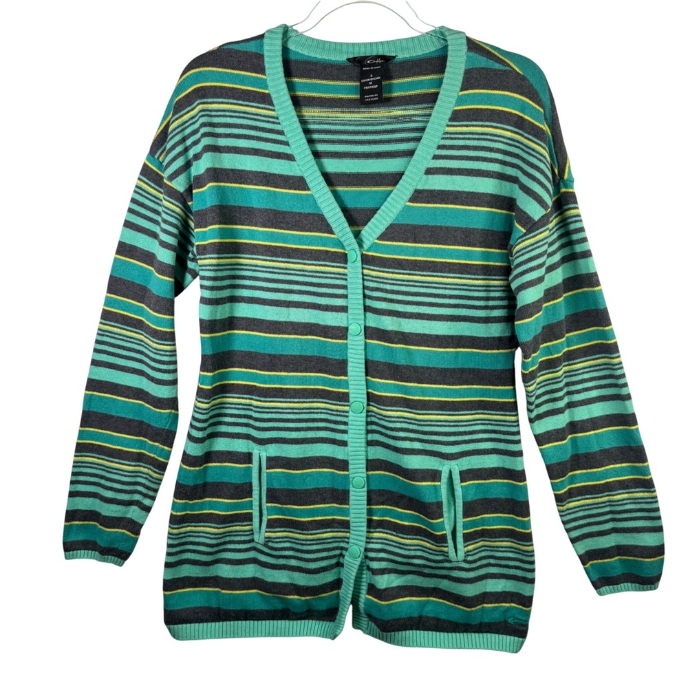 Oakley Y2K Stripe Cardigan Aqua Gray Indie Grunge Soft Girl Sweater Mallcore S
